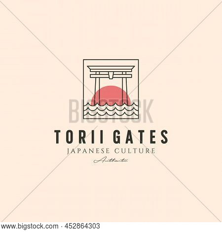 Line Art Torii Gate Logo Vector Symbol With Sunset Illustration Design, Japanese Culture Design