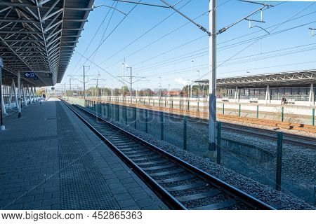 Brecht, Antwerp, Belgium, April 3rd 2022, Empty Train Station At Noorderkempen, With Some People Wai