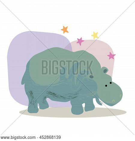 Cute Hand Drawn Hippo. Funny Cartooon Animal. Flat Llustration, Poster, Print For Kids T-shirt, Baby