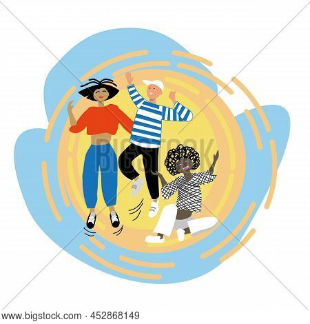 Friends Children Jump For Joy On Sun Background Illustrations