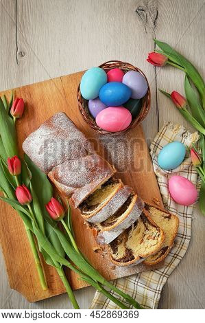 Closeup Romanian Easter Bread - Cozonac On Easter Table