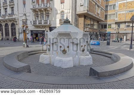 Belgrade, Serbia - February 27, 2022: Delijska Cesma White Marble Drinking Water Fountain In Knez Mi