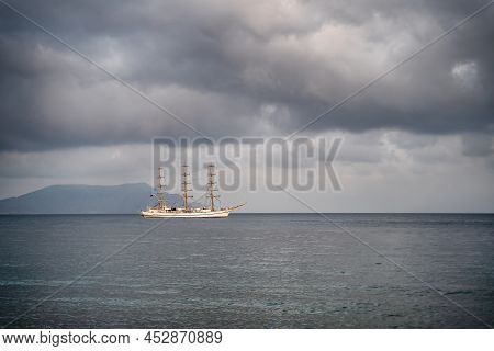 View Of The Sea Bay And Ship In The Village Novyi Svit In The Crimea In Autumn