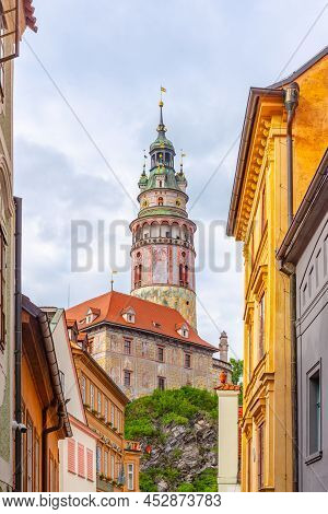 Colorful And Ornamental Tower Of Cesky Krumlov Castle. Cesky Krumlov, Czech Republic.