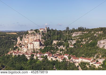 Rocky Bank Of Alzou River And Ancient Commune Of Rocamadour in Lot Department In Southwestern France