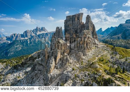 Aerial View Of Cinque Torri In Dolomites Mountains In Italy. Epic Landscape On A Sunny Day Of Summer