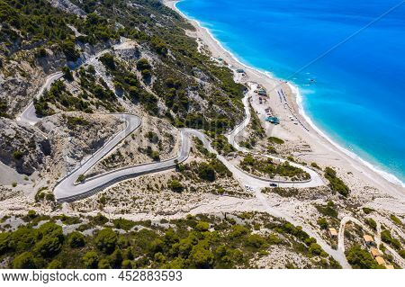 Serpentine Road To Gialos Beach, Ionian Islands, Lefkada, Greece, Aerial View