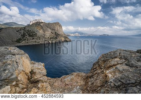Summer Crimean Landscape. Golitsyn Trail At Rocky Black Sea Coast At Sunny Day, Novyi Svit, Sudak Mu