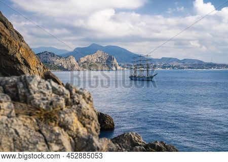 View Of The Sea Bay And Ship In The Village Novyi Svit In The Crimea In Autumn
