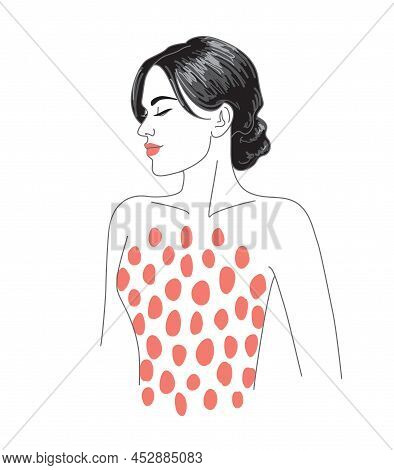 Young Brunette Woman Vector Illustration. Beautiful Elegant Dark-haired Woman In Pink Spotted Dress.