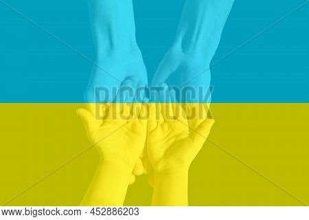 Flag Ukraine With Woman Praying And Worshiping Hands In Worship To God On Flag Background, Folded Ha