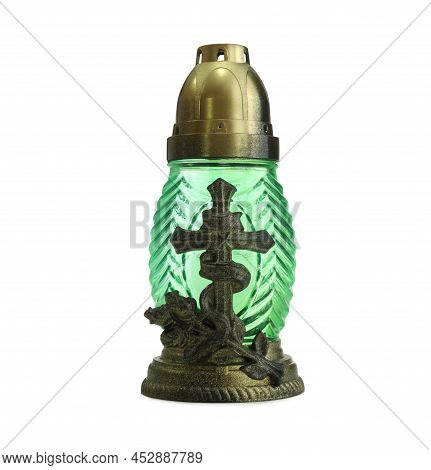 Green Grave Light Isolated On White. Symbol Of Remembrance
