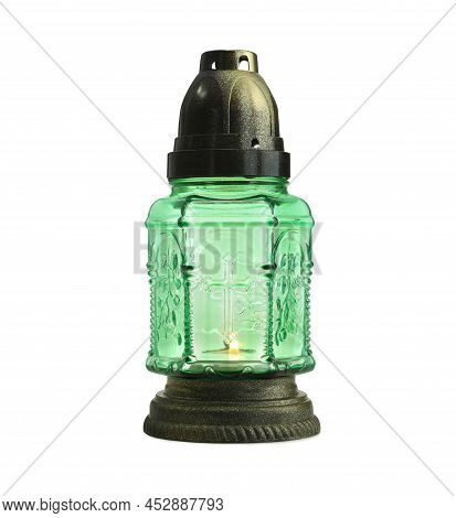 Green Grave Light With Burning Candle Isolated On White. Symbol Of Remembrance