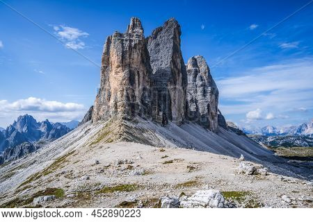 Tre Cime Di Laveredo, Three Spectacular Mountain Peaks In Sesto Dolomites, South Tyrol, Italy