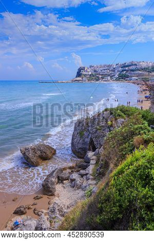 Bay Of Peschici In Apulia, Italy: View Of Townscape And Sandy Beach. Peschici Is Famous Town For Its