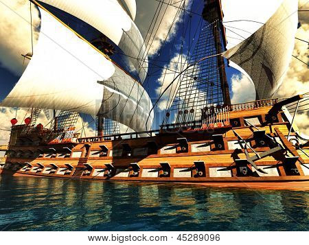Pirate Brigantine heraus am Meer mit awesome Wolken