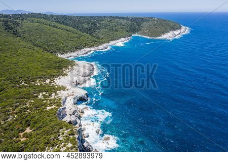 Aerial View Of Rocky Coastline Near Dafnoudi Beach In Kefalonia, Greece