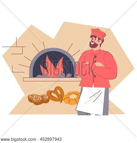 Baker Standing Next By Oven With Baked Bread, Flat Vector Illustration Isolatede.