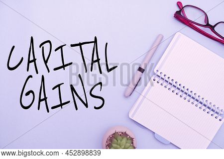 Text Showing Inspiration Capital Gains. Business Overview Bonds Shares Stocks Profit Income Tax Inve