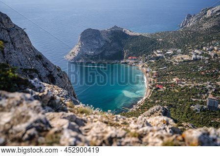 Novyi Svit Town In Crimea. View From The Top Of Falcon Sokol Mountain