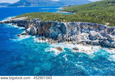 Aerial View Of Rocky Coastline Near Dafnoudi Beach In Kefalonia, Greece