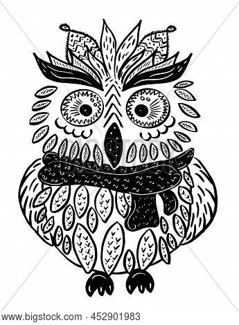 Cartoon Wise Owl In A Scarf On A White Background. Hand Drawn Sketch For Kids.