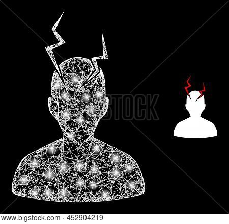 Shiny Net Head Migrain Sick With Light Spots. Linear Carcass 2d Mesh Generated With Intersected Whit
