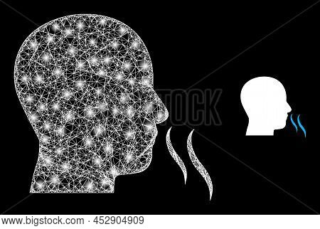 Shiny Web Nose Smell With Light Spots. Wire Carcass 2d Mesh Generated With Crossing White Lines And 