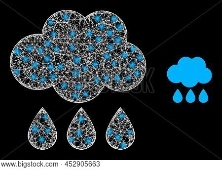 Shiny Mesh Rain Cloud With Light Spots. Linear Carcass Flat Mesh Generated With Intersected White Li