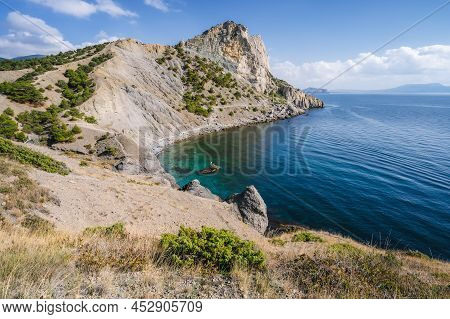 Summer Crimean Landscape. Golitsyn Trail At Rocky Black Sea Coast At Sunny Day, Novyi Svit, Sudak Mu