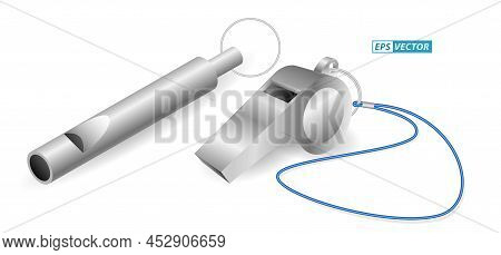 Set Of Realistic Metal Wistle Isolated Or Sport Whistle For Trainer Or Coaches Or Sport Equipment Co