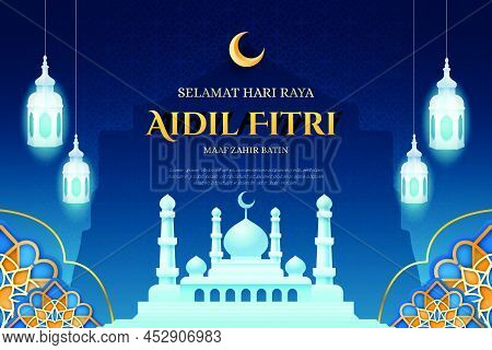 Vector Illustration Of Aidil Fitri Event Poster Or Eid Ul Fitr Poster With Mosque And Moon Of First 