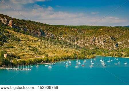 The City On The Bank Of The Artificial Lake In France, Provence, Lake Saint Cross, Gorge Verdone, Az