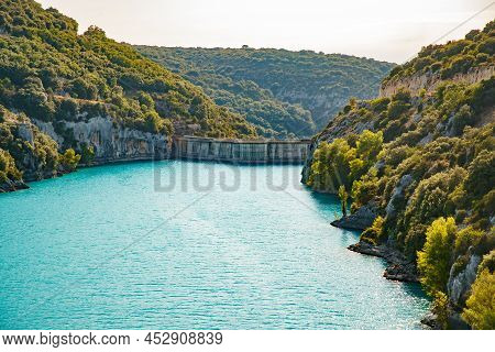 Power Plant Dam In France, Provence, Lake Saint Cross, Gorge Verdone, Azure Water Of The Lake And Sl