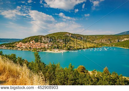 The City On The Bank Of The Artificial Lake In France, Provence, Lake Saint Cross, Gorge Verdone, Az