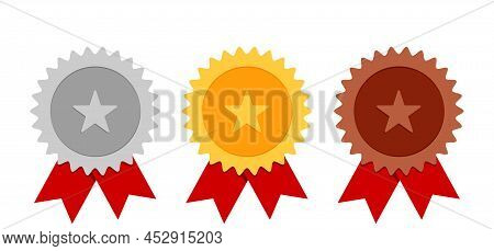 Winner Medals. Gold Silver Bronze Trophy With Red Ribbos. Vector Awards