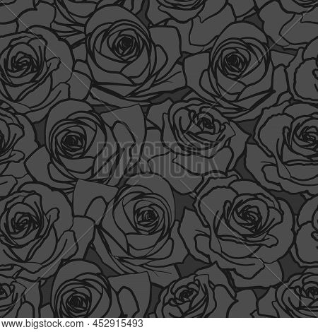 Vector Seamless Pattern. Black Outline Rose Flowers On Dark Background