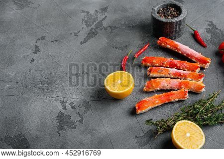 Crab Leg Meat In A Sheel Set, On Gray Stone Table Background, With Copy Space For Text