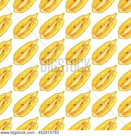Lemon Sliced Lengthwise Seamless Watercolor Pattern. Hand Drawn Illustration On White Background. Ha
