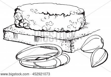 Hand Draw Sketch Vector Food Illustration, Line Art, Tar-tar, Dish From Meat, Capers, Onion