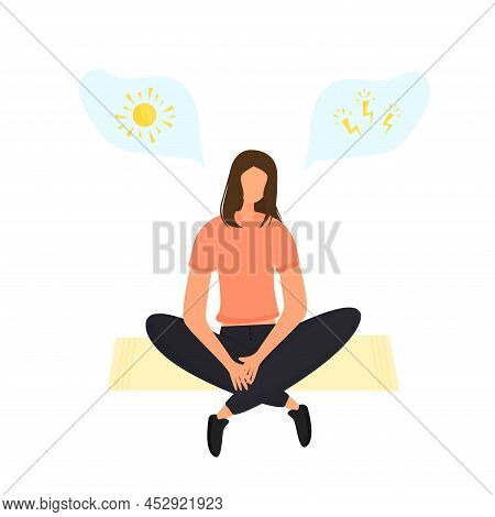 Bad Or Good Mood. A Female Character Sits Cross Legged Over His Head Thinking Negative Or Positive T