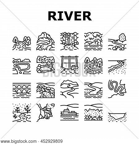 River And Lake Nature Landscape Icons Set Vector. River Mouth And Delta, Sea Shore And Pond In Fores