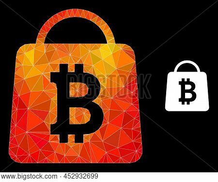 Low-poly Bitcoin Shopping Bag Icon With Flame Colorful Gradient. Triangulated Flame Colorful Bitcoin