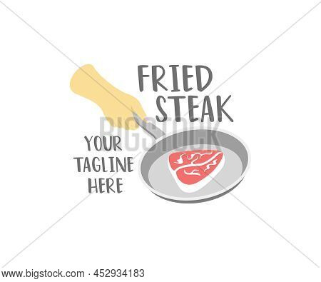 Man Chef Holding A Pan With Steak, Logo Design. Food, Meal, Meat, Restaurant, Catering And Canteen, 