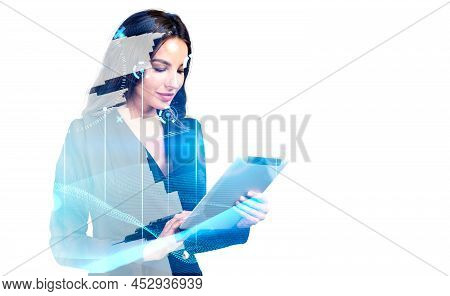 Businesswoman With Tablet In Hands, Working Online. Business Buildings And Network Circuit With Bina
