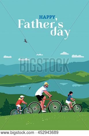 Happy Father, Son, Daughter Enjoy Biking On Mountain Landscape Vector Poster. Dad, Kids Family Toget