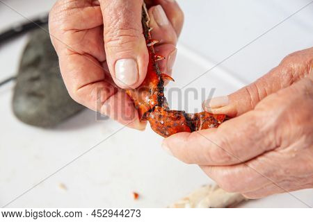 Close Up Of  The Process Of Breaking Down A Fresh Crab To Take Out The Flesh