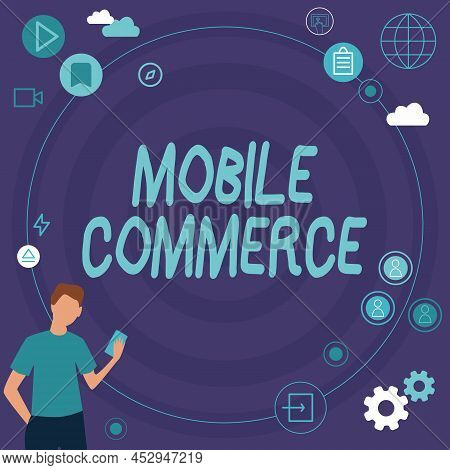Text Caption Presenting Mobile Commerce. Business Concept Using Mobile Phone To Conduct Commercial T