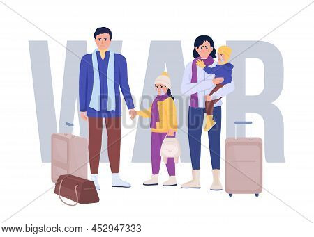 War Victims Waiting For Evacuation 2d Vector Isolated Illustration. Refugees Flat Characters On Cart