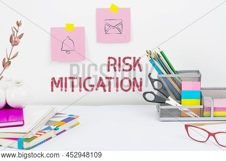 Text Caption Presenting Risk Mitigation. Business Concept Strategy To Prepare For And Lessen The Eff